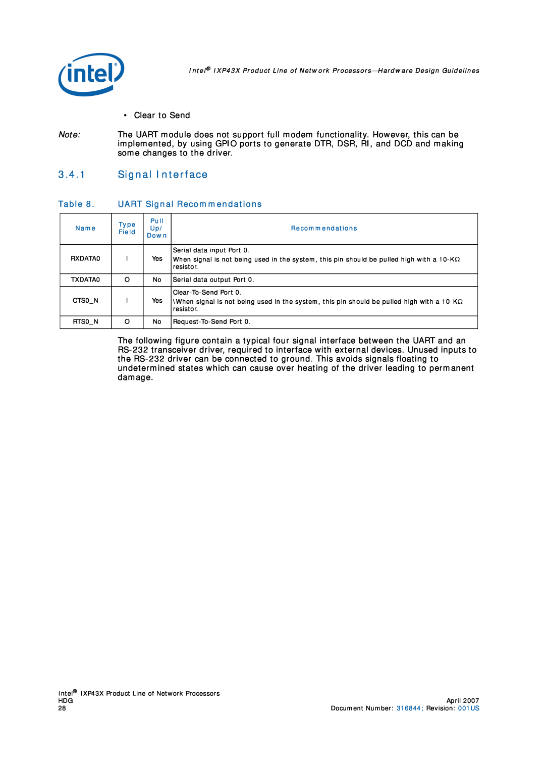 Intel IXP43X manual Signal Interface, UART Signal Recommendations 