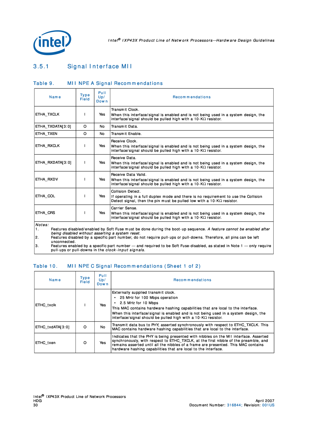 Intel IXP43X manual Signal Interface MII, MII NPE A Signal Recommendations, MII NPE C Signal Recommendations Sheet 1 of 