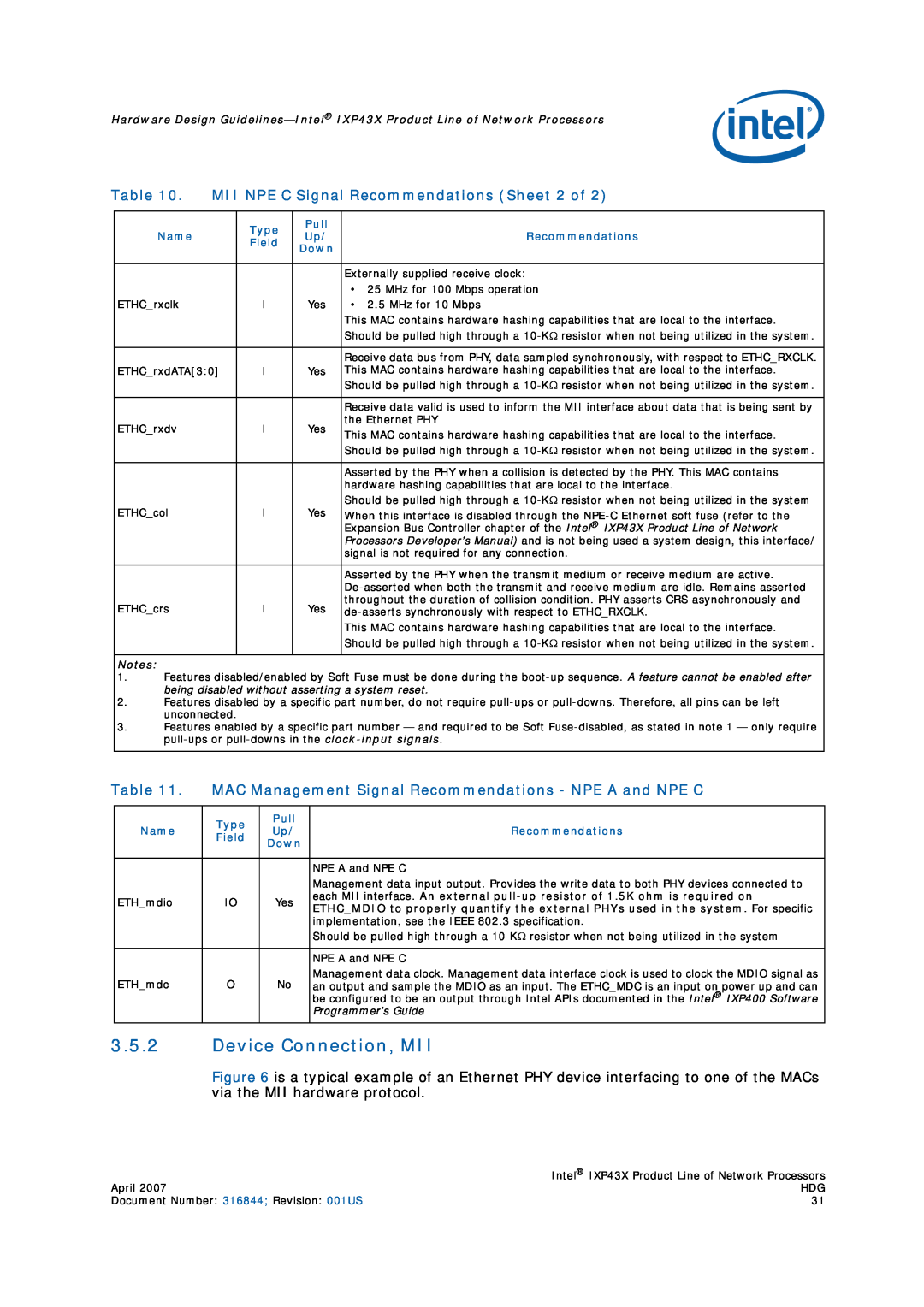 Intel IXP43X manual Device Connection, MII, MII NPE C Signal Recommendations Sheet 2 of, Programmer’s Guide 