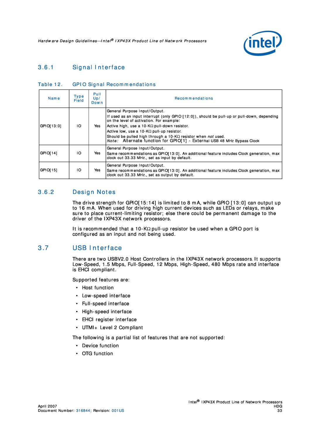Intel IXP43X manual USB Interface, Signal Interface, Design Notes, GPIO Signal Recommendations 