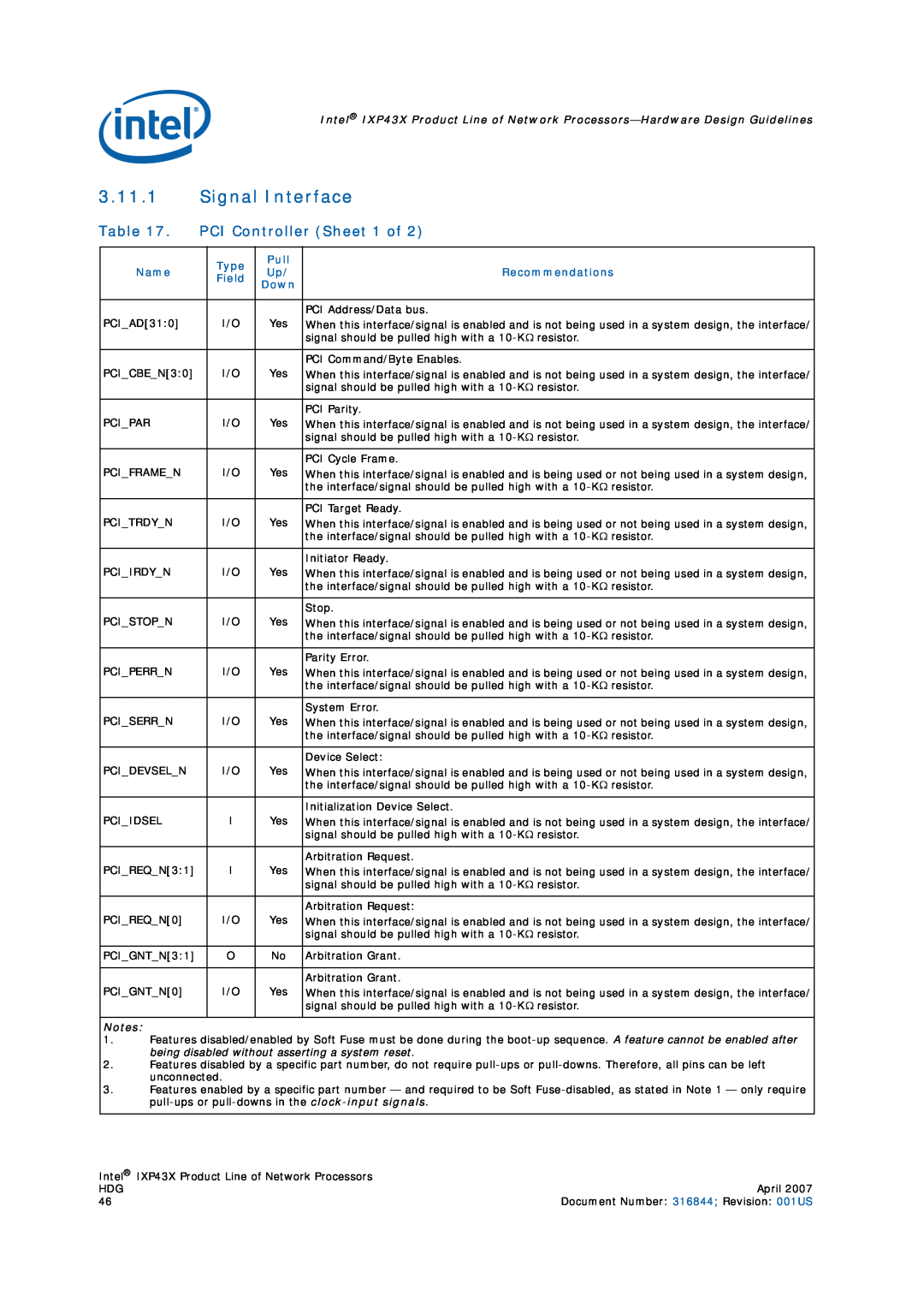 Intel IXP43X manual Signal Interface, PCI Controller Sheet 1 of 