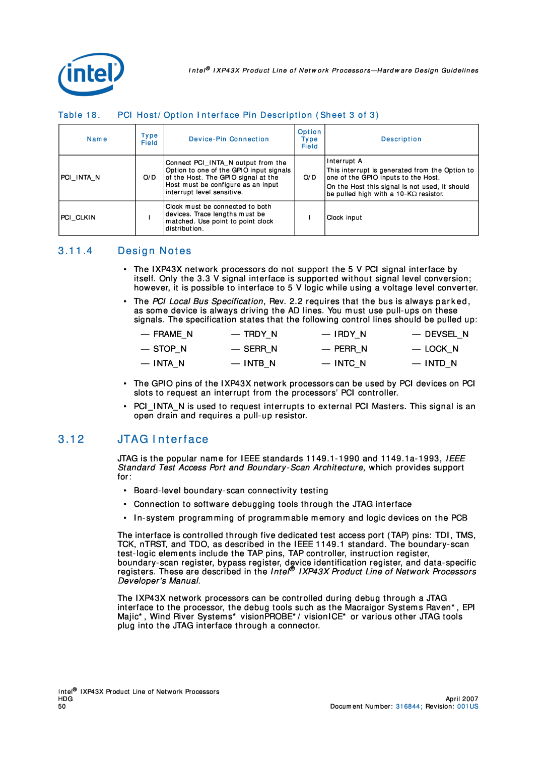 Intel IXP43X manual JTAG Interface, Design Notes, PCI Host/Option Interface Pin Description Sheet 3 of 