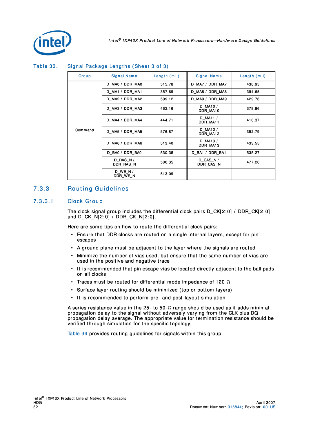 Intel IXP43X manual Routing Guidelines, Clock Group, Signal Package Lengths Sheet 3 of 