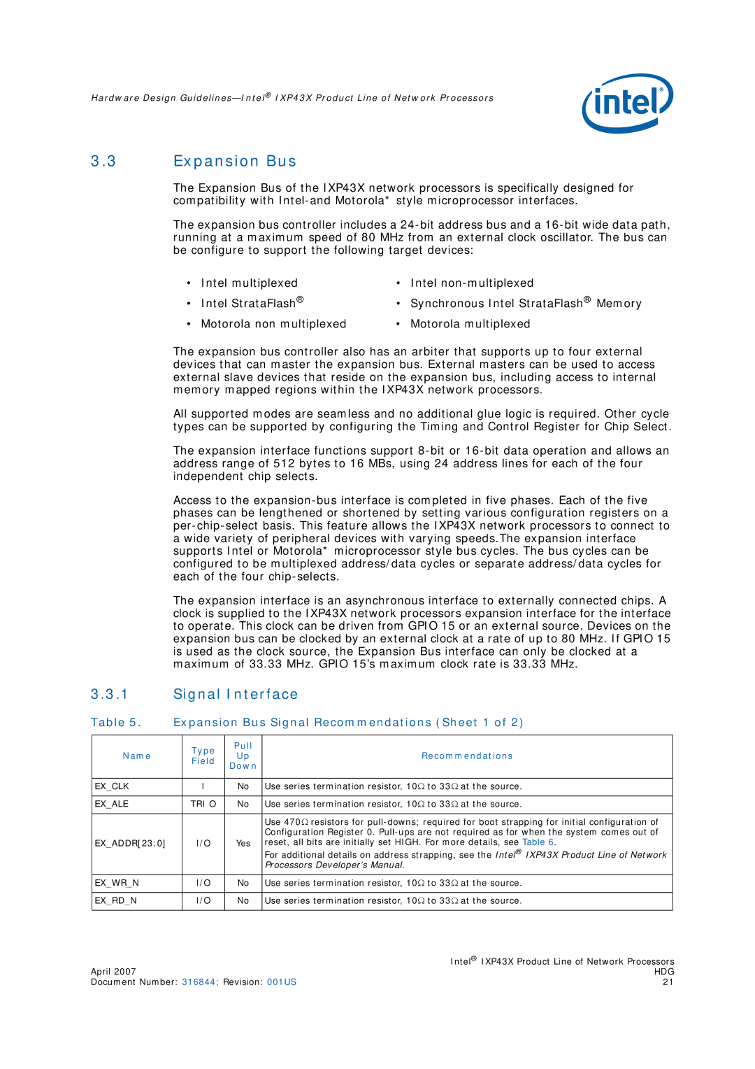 Intel IXP43X manual Expansion Bus Signal Recommendations Sheet 1, Type Pull Name Recommendations Field Down 