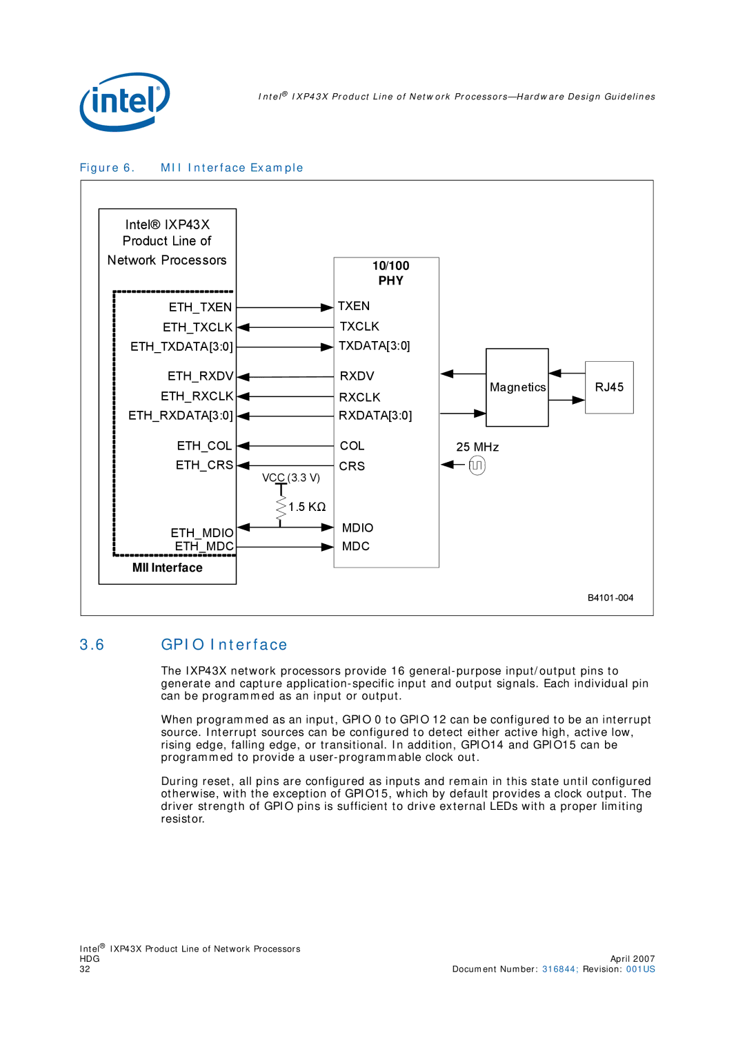 Intel IXP43X manual Gpio Interface, MII Interface Example 