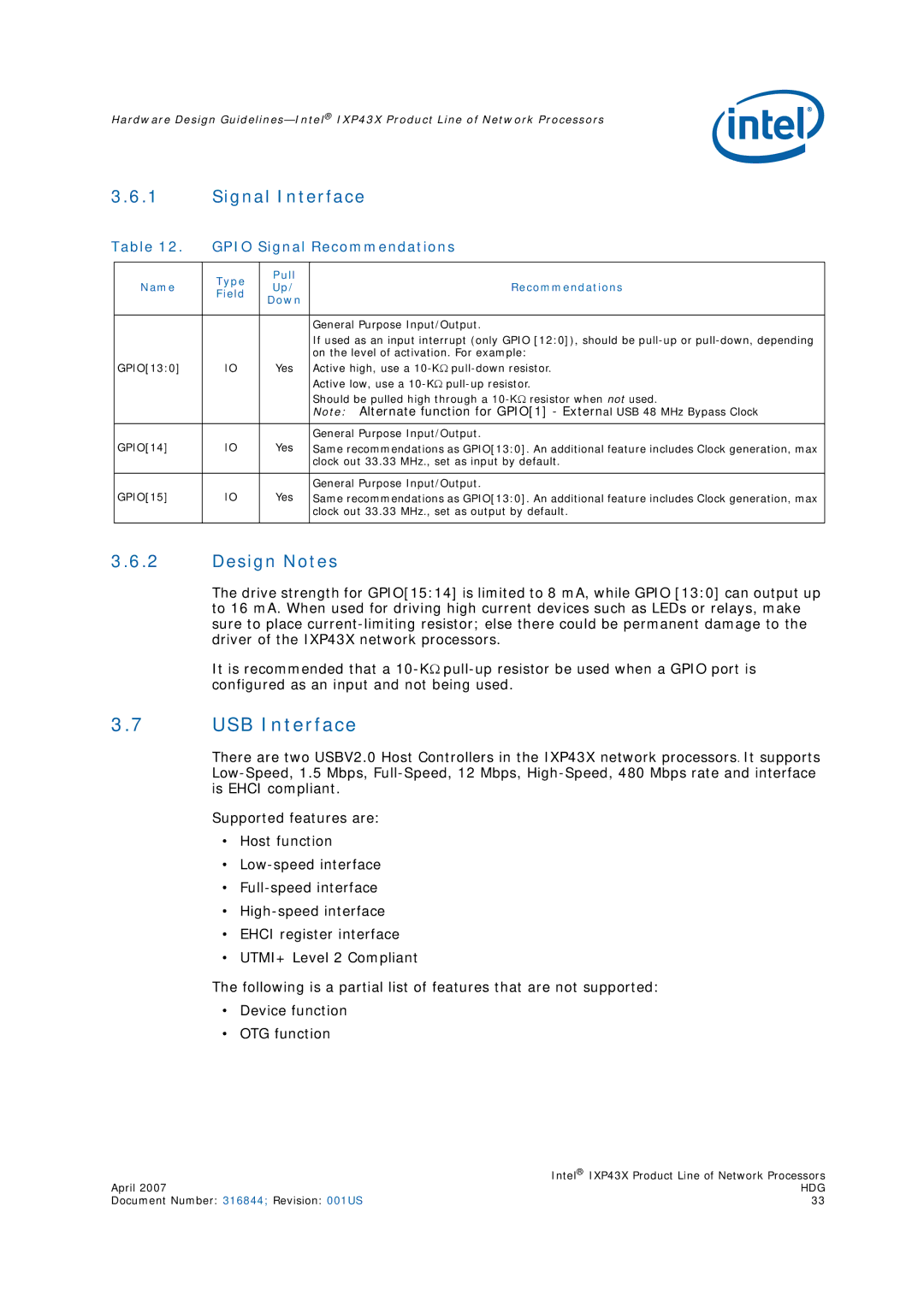 Intel IXP43X manual USB Interface, Design Notes, Gpio Signal Recommendations 