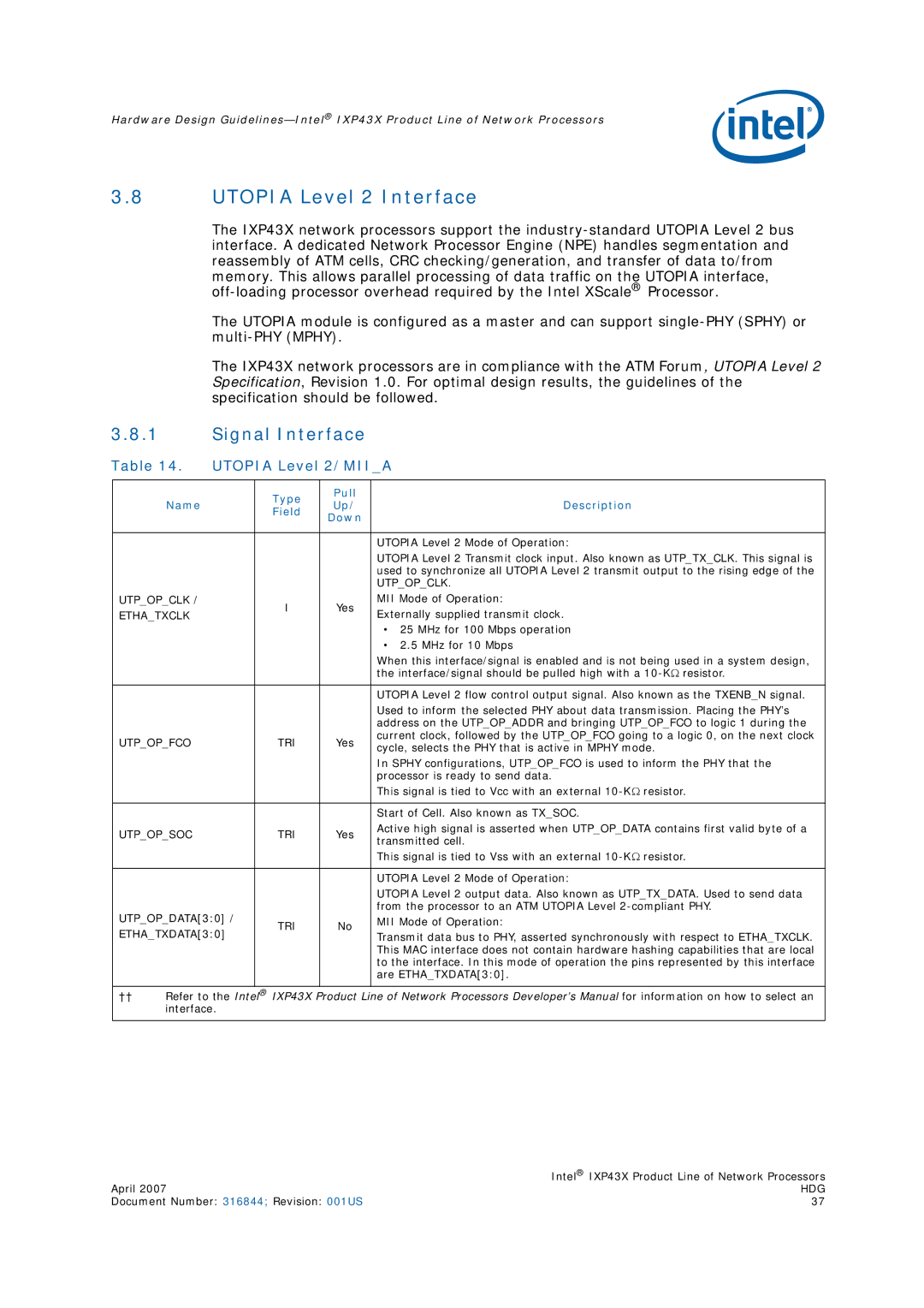 Intel IXP43X manual Utopia Level 2 Interface, Utopia Level 2/MIIA, Type Pull Name Description Field Down 