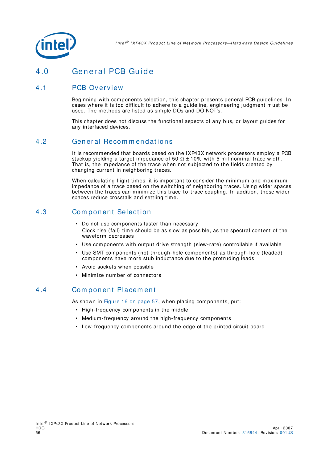 Intel IXP43X manual PCB Overview, General Recommendations, Component Selection, Component Placement 