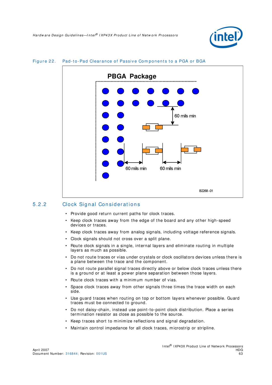 Intel IXP43X manual Clock Signal Considerations, Pad-to-Pad Clearance of Passive Components to a PGA or BGA 