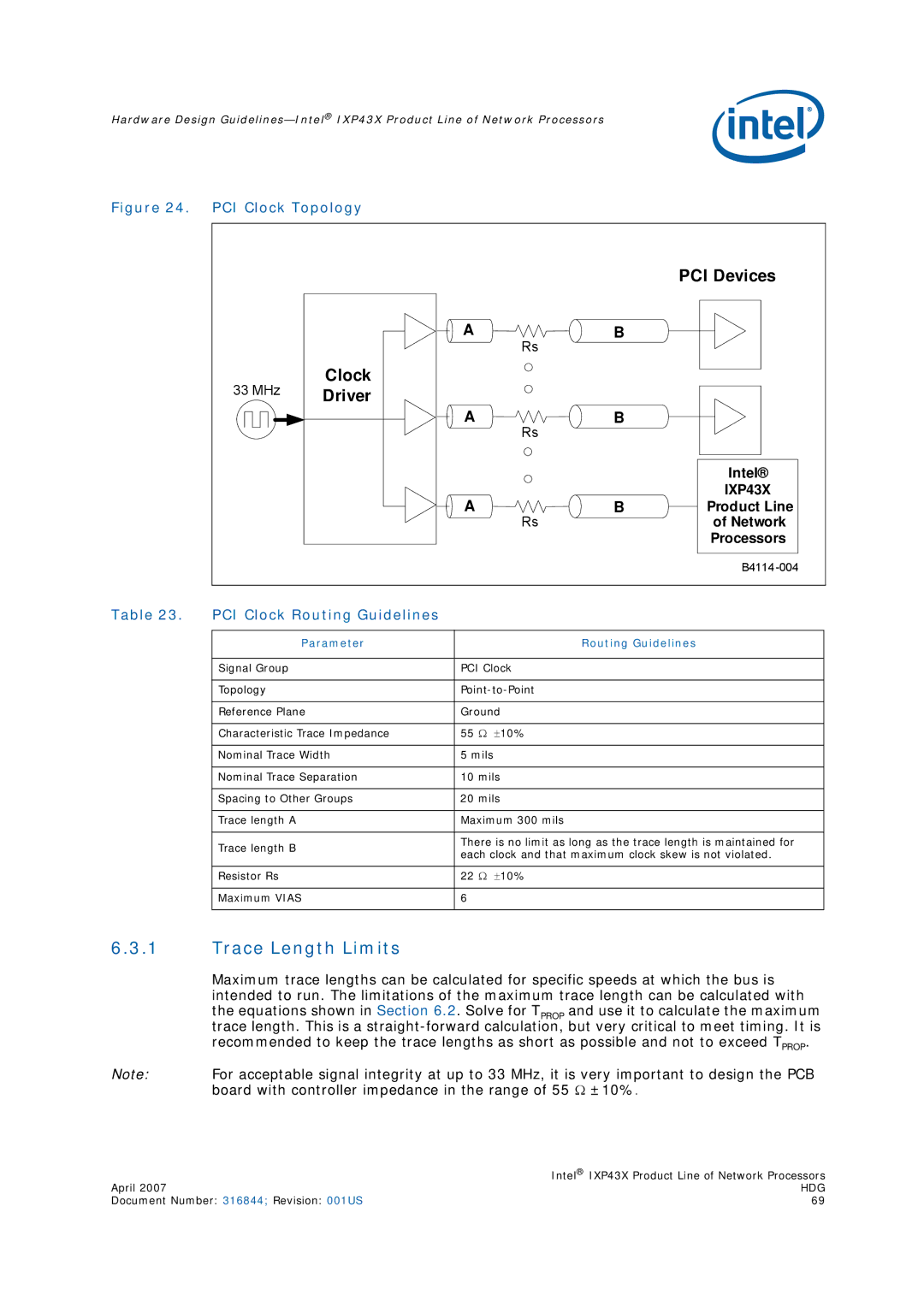 Intel IXP43X manual Trace Length Limits, PCI Clock Routing Guidelines 