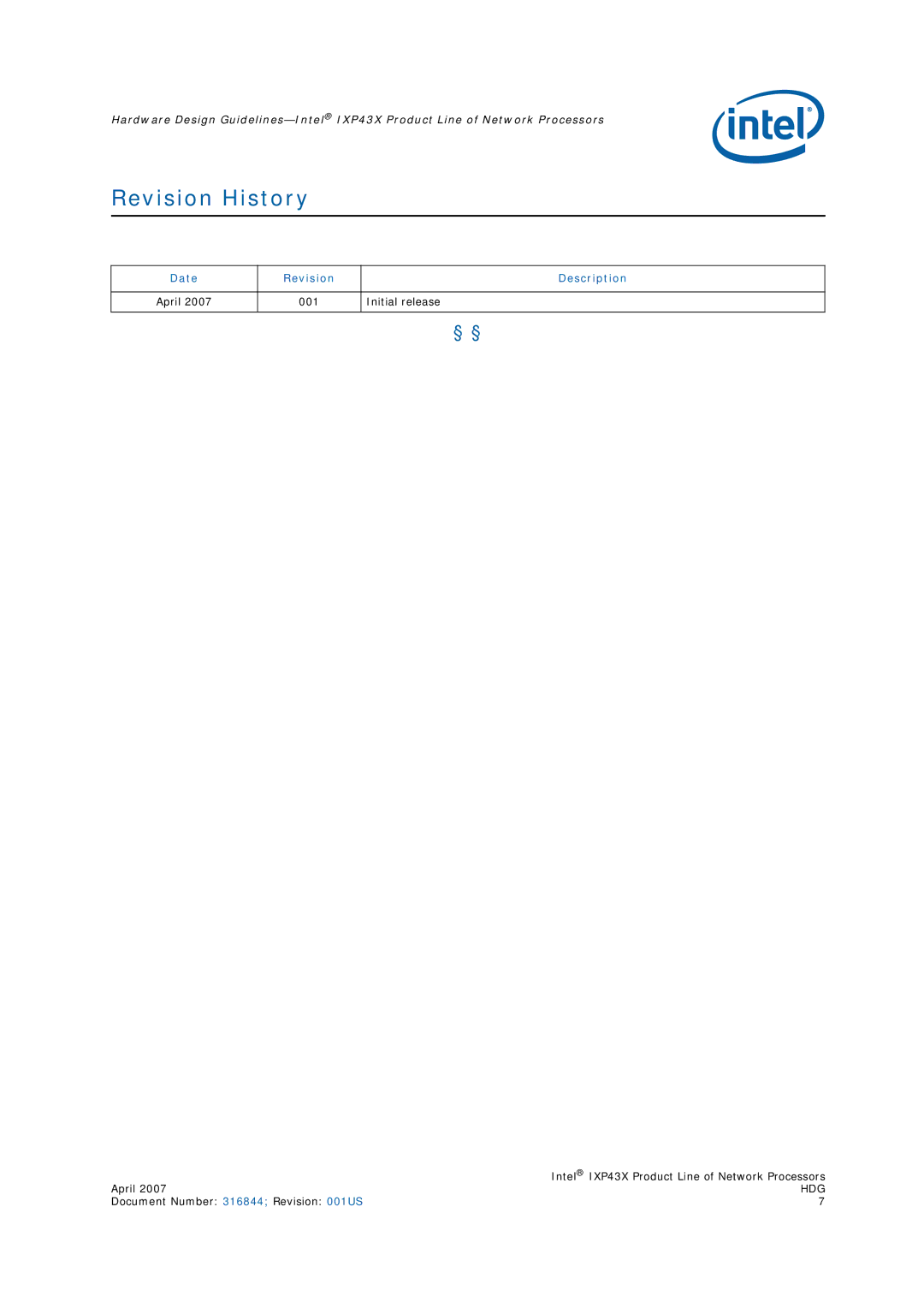 Intel IXP43X manual § §, Date Revision Description, Initial release 