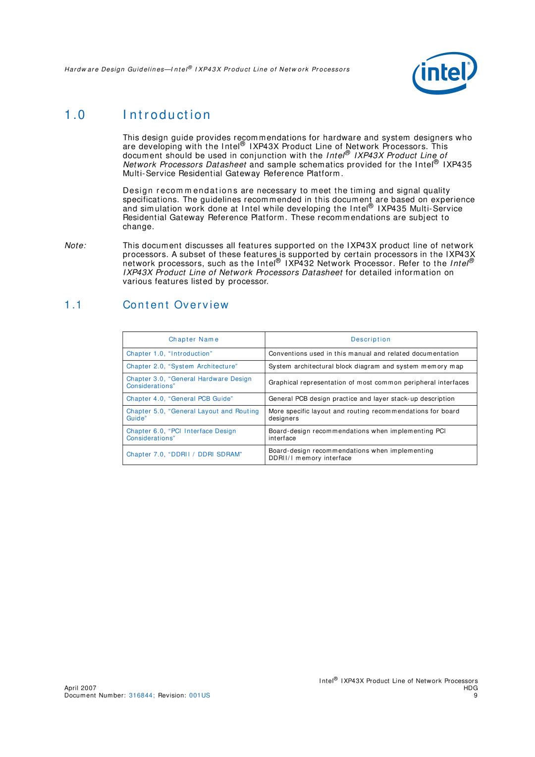 Intel IXP43X manual Content Overview, Chapter Name Description 