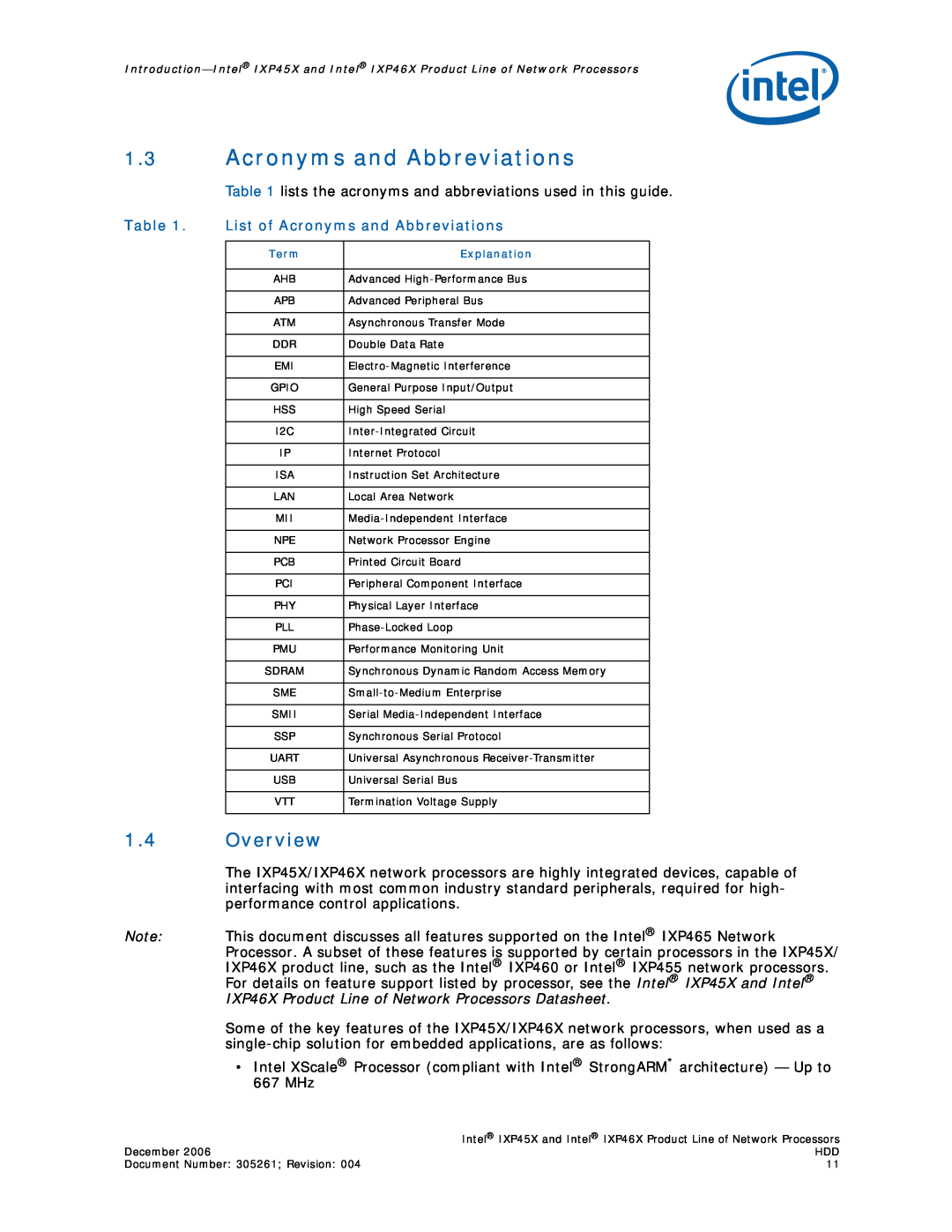 Intel IXP45X, IXP46X manual 1.3Acronyms and Abbreviations, 1.4Overview, List of Acronyms and Abbreviations 