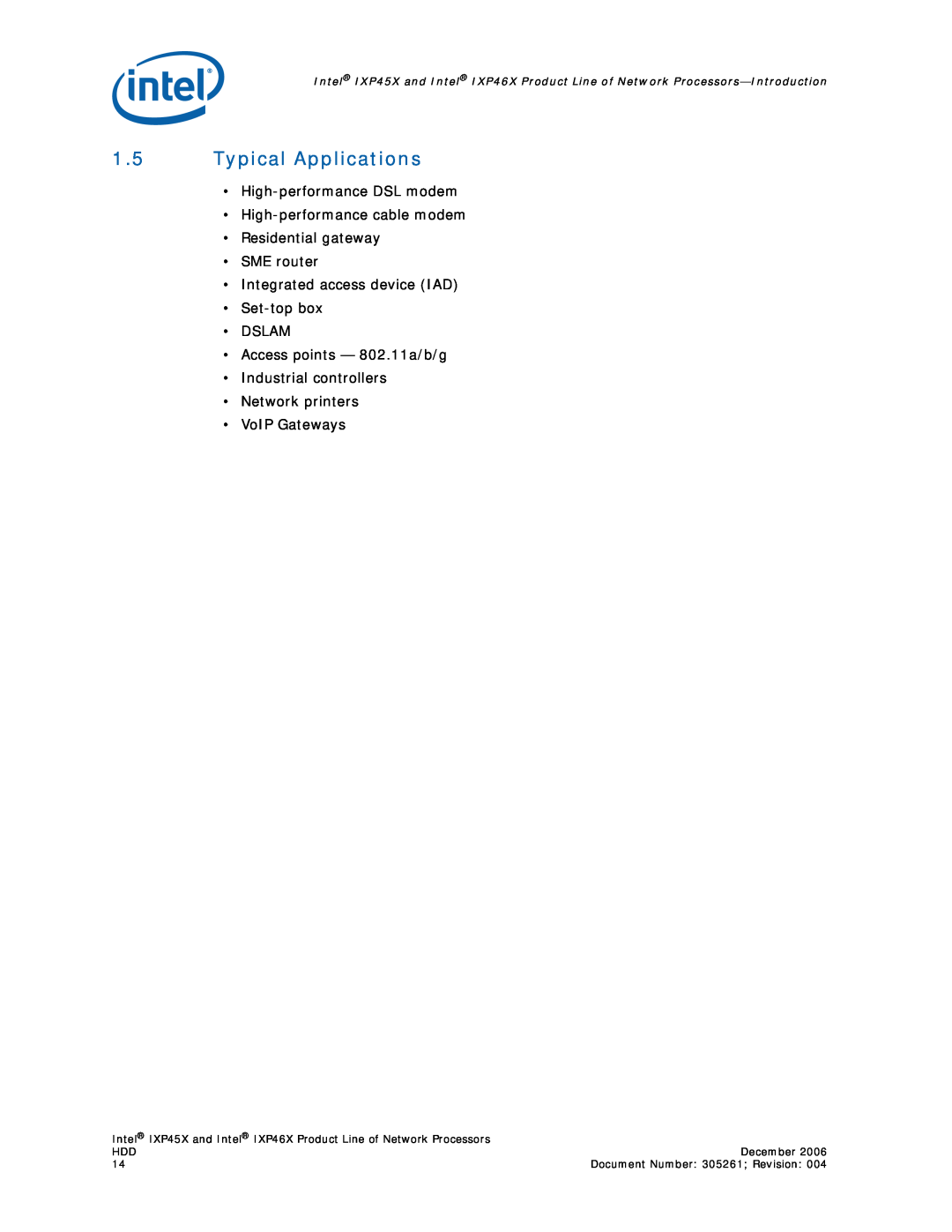Intel IXP46X, IXP45X manual 1.5Typical Applications 