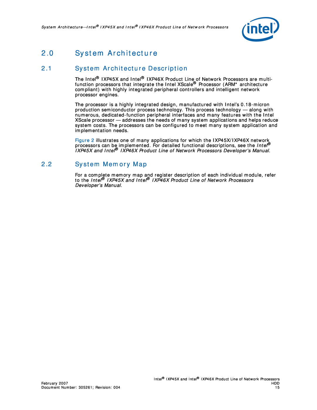 Intel IXP45X, IXP46X manual 2.0System Architecture, 2.1System Architecture Description, 2.2System Memory Map 