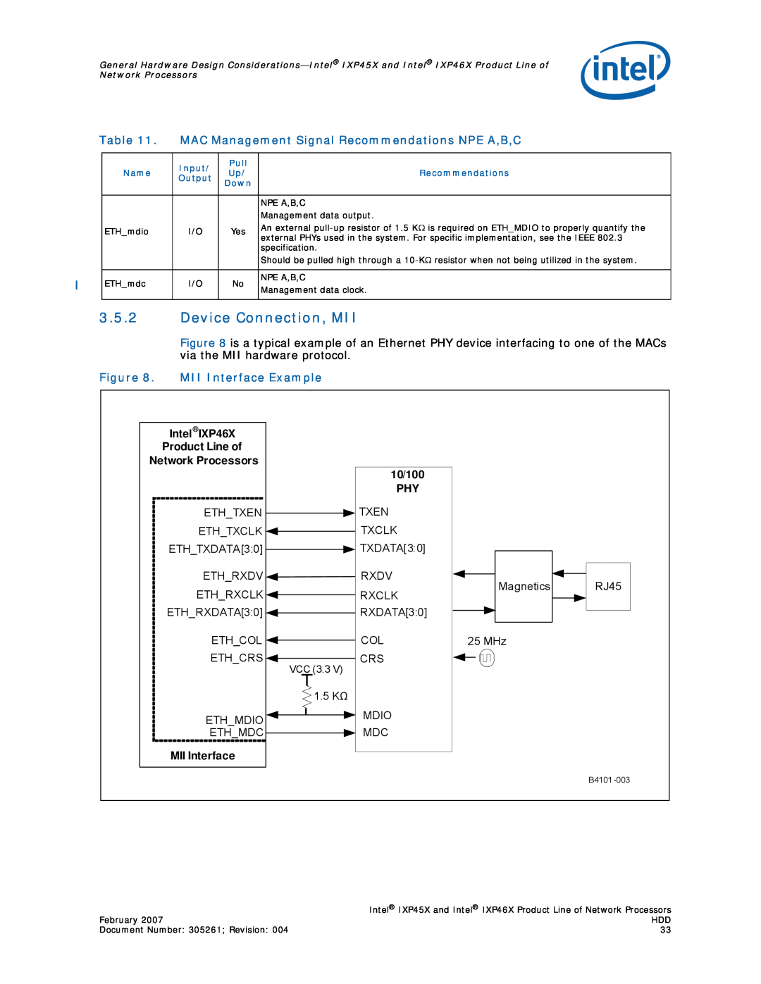 Intel IXP45X, IXP46X manual 3.5.2Device Connection, MII, MII Interface Example, 10/100 