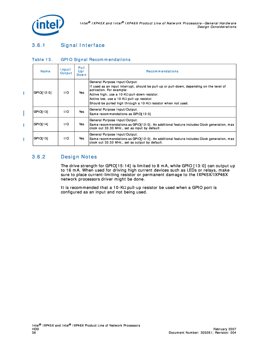 Intel IXP46X, IXP45X manual 3.6.1Signal Interface, 3.6.2Design Notes, GPIO Signal Recommendations 