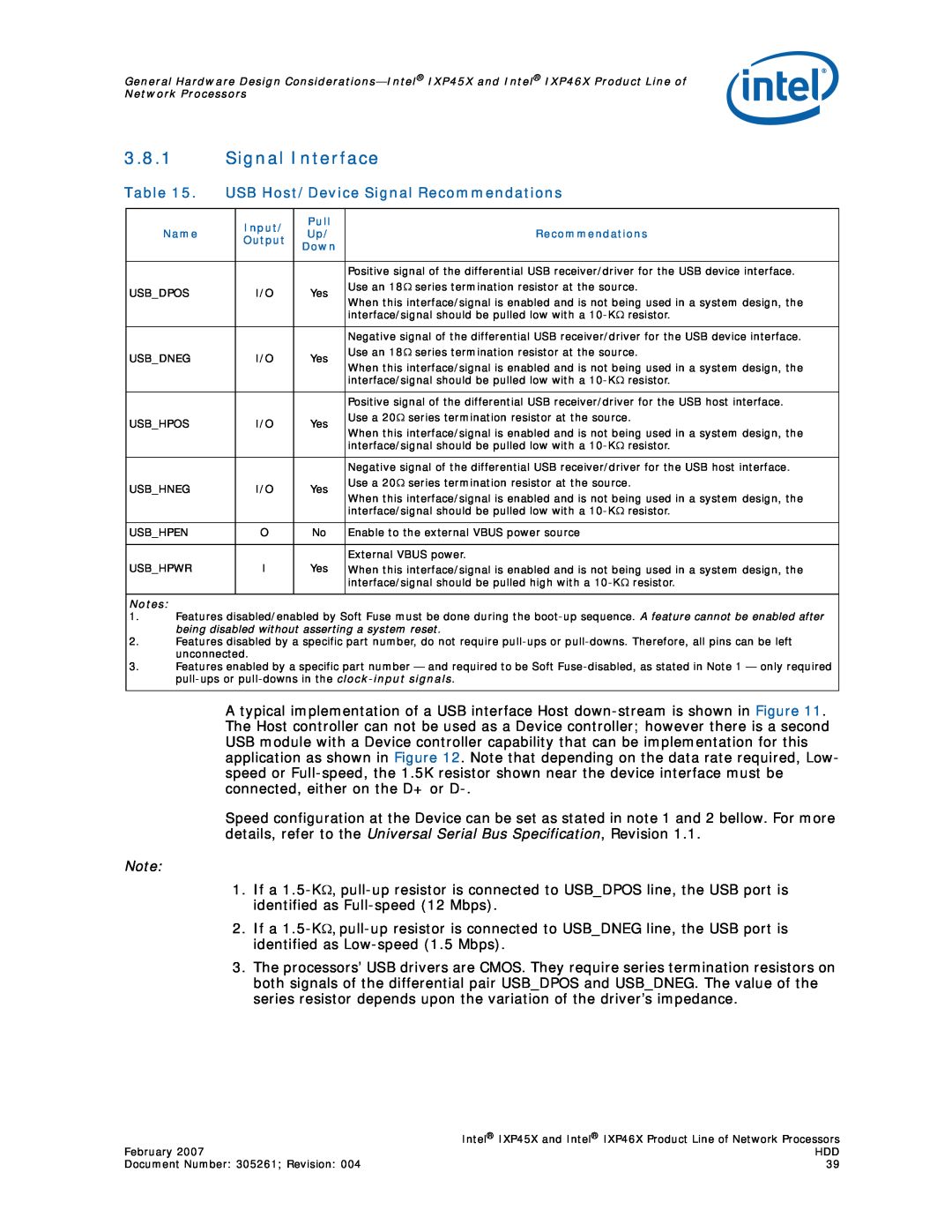 Intel IXP45X, IXP46X manual 3.8.1Signal Interface, USB Host/Device Signal Recommendations 