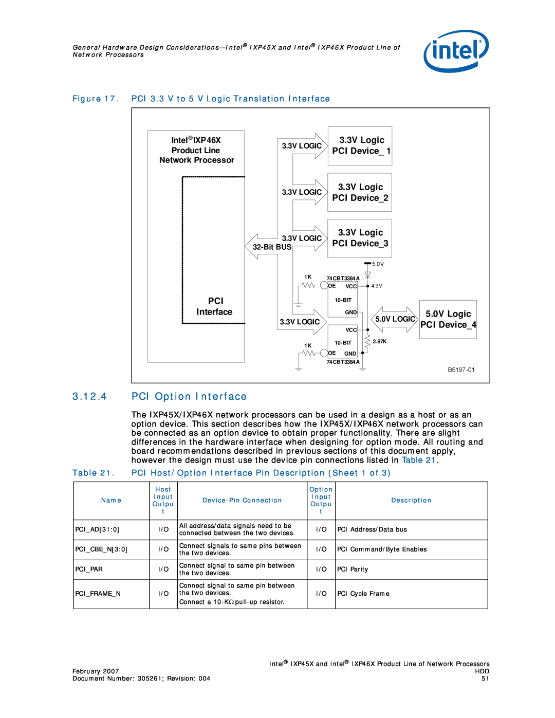 Intel IXP45X manual 3.12.4PCI Option Interface, 3.3V Logic, PCI Device, 5.0V Logic, Intel IXP46X, Product Line 