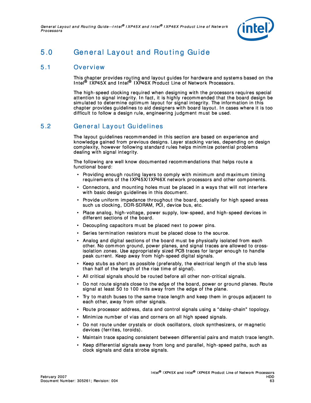 Intel IXP45X, IXP46X manual 5.0General Layout and Routing Guide, 5.1Overview, 5.2General Layout Guidelines 