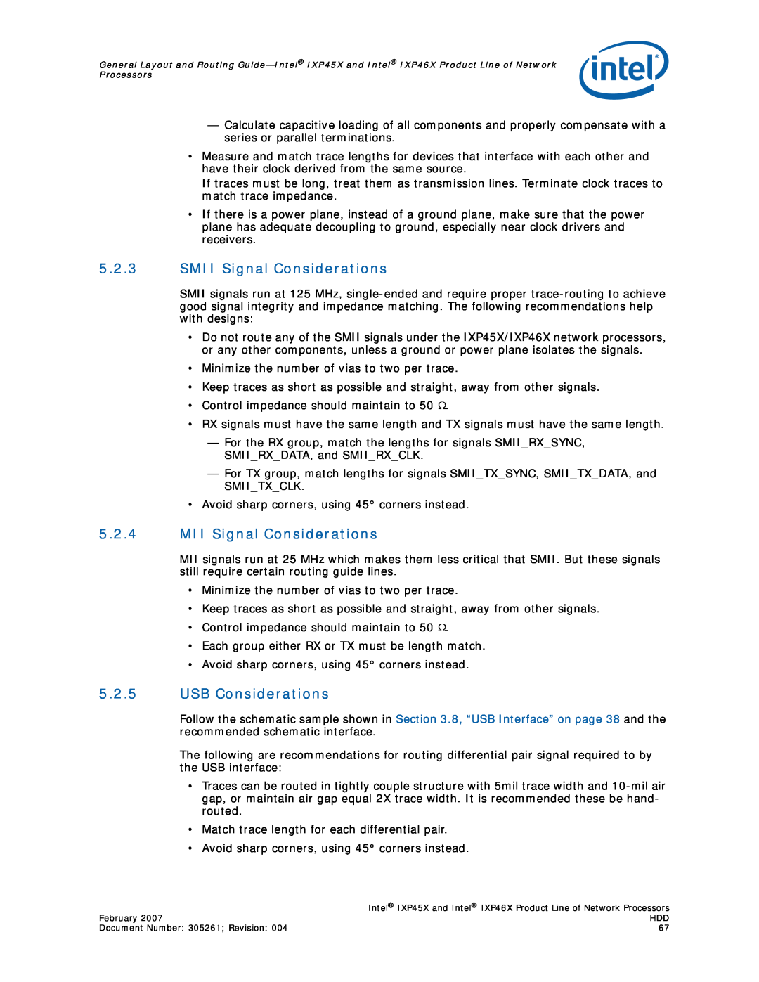 Intel IXP45X, IXP46X manual 5.2.3SMII Signal Considerations, 5.2.4MII Signal Considerations, 5.2.5USB Considerations 