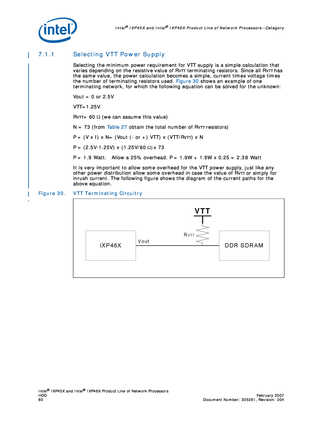 Intel IXP46X, IXP45X manual 7.1.1Selecting VTT Power Supply, VTT Terminating Circuitry, Ddr Sdram 