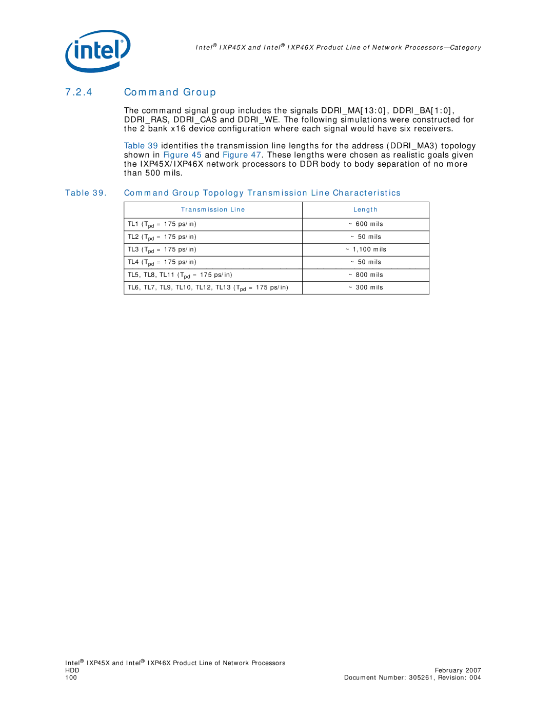 Intel IXP46X, IXP45X manual Command Group Topology Transmission Line Characteristics 