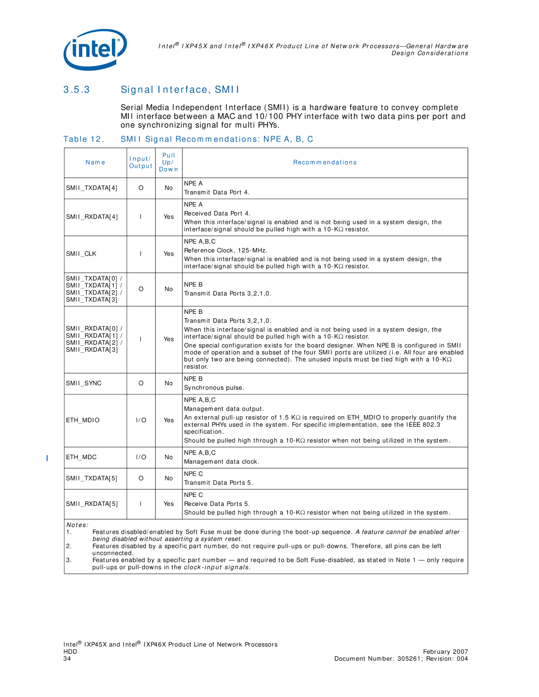 Intel IXP46X, IXP45X manual Signal Interface, Smii, Smii Signal Recommendations NPE A, B, C 