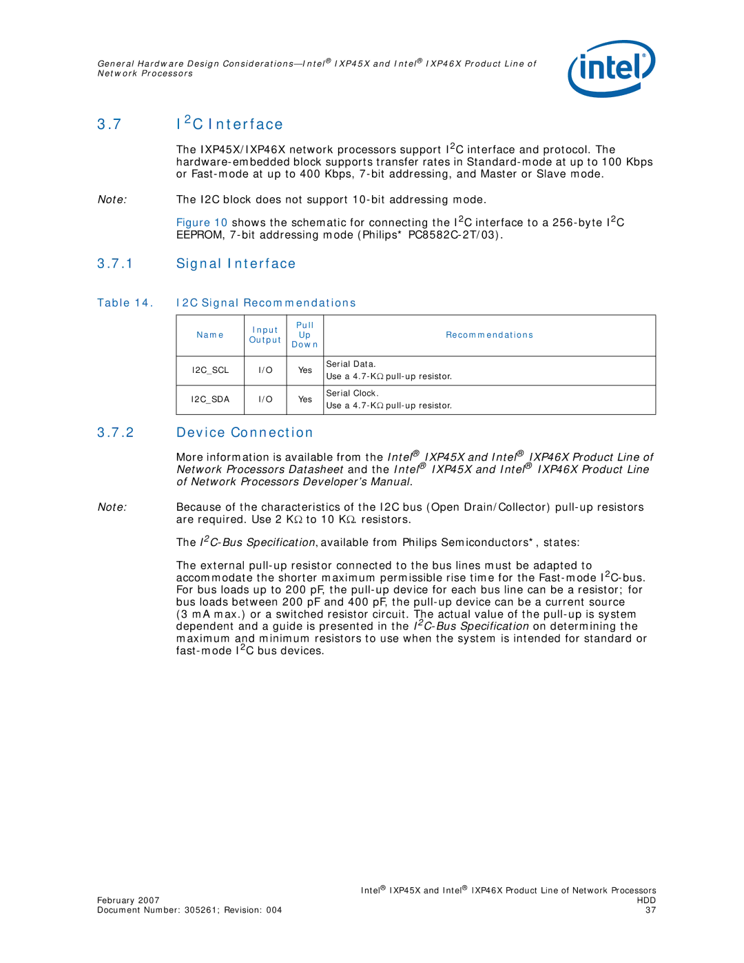 Intel IXP45X, IXP46X manual I2C Interface, Device Connection, I2C Signal Recommendations 