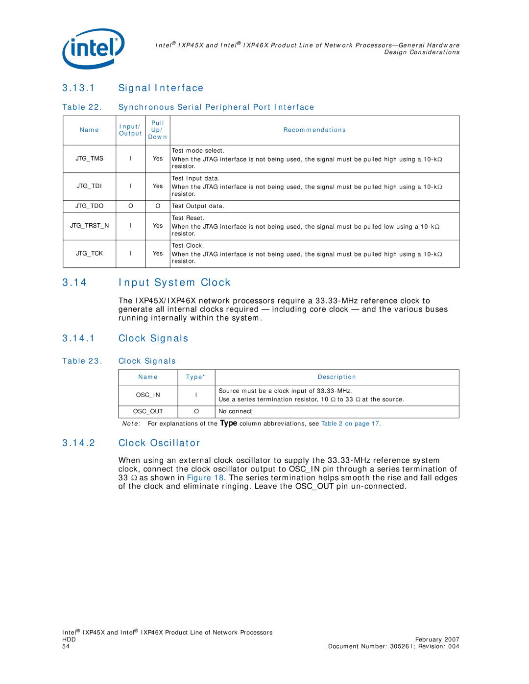 Intel IXP46X, IXP45X manual Input System Clock, Clock Signals, Clock Oscillator, Name Type Description 