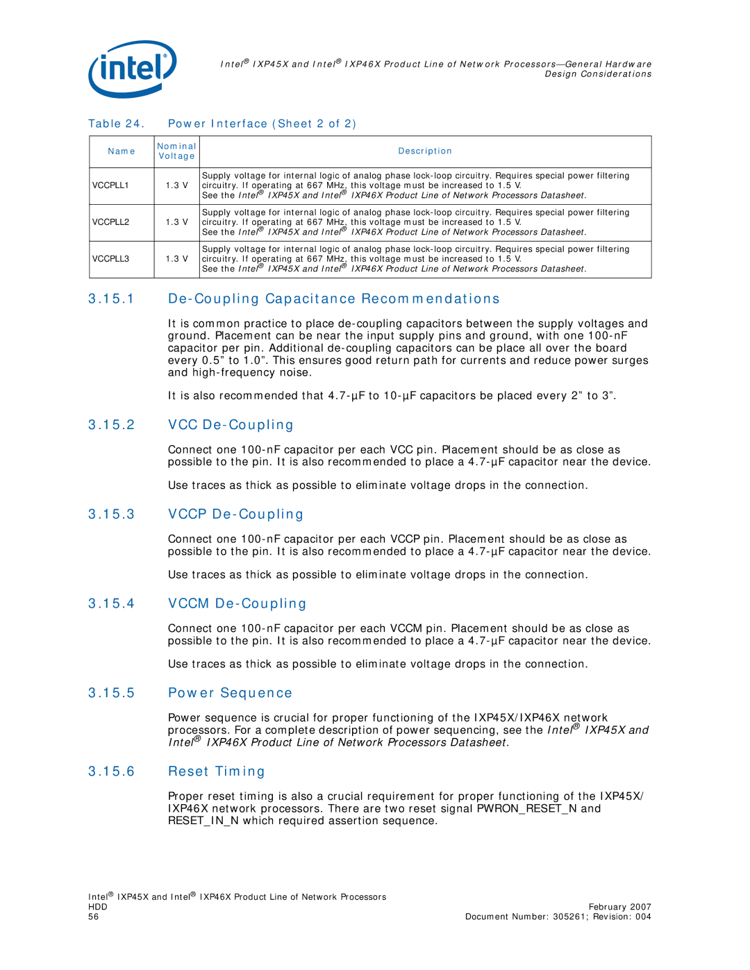 Intel IXP46X De-Coupling Capacitance Recommendations, VCC De-Coupling, Vccp De-Coupling, Vccm De-Coupling, Power Sequence 