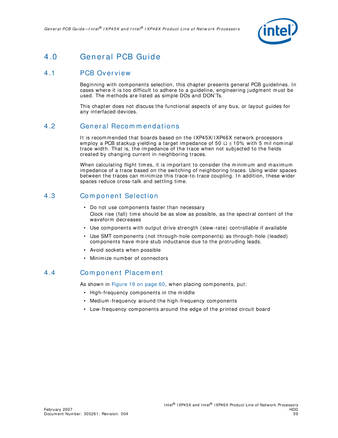 Intel IXP45X, IXP46X manual PCB Overview, General Recommendations, Component Selection, Component Placement 