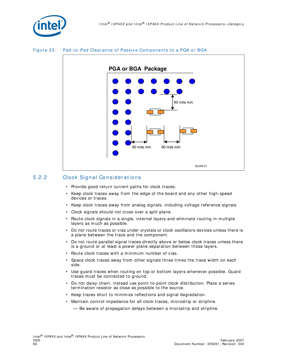 Intel IXP46X, IXP45X manual Clock Signal Considerations, Pad-to-Pad Clearance of Passive Components to a PGA or BGA 