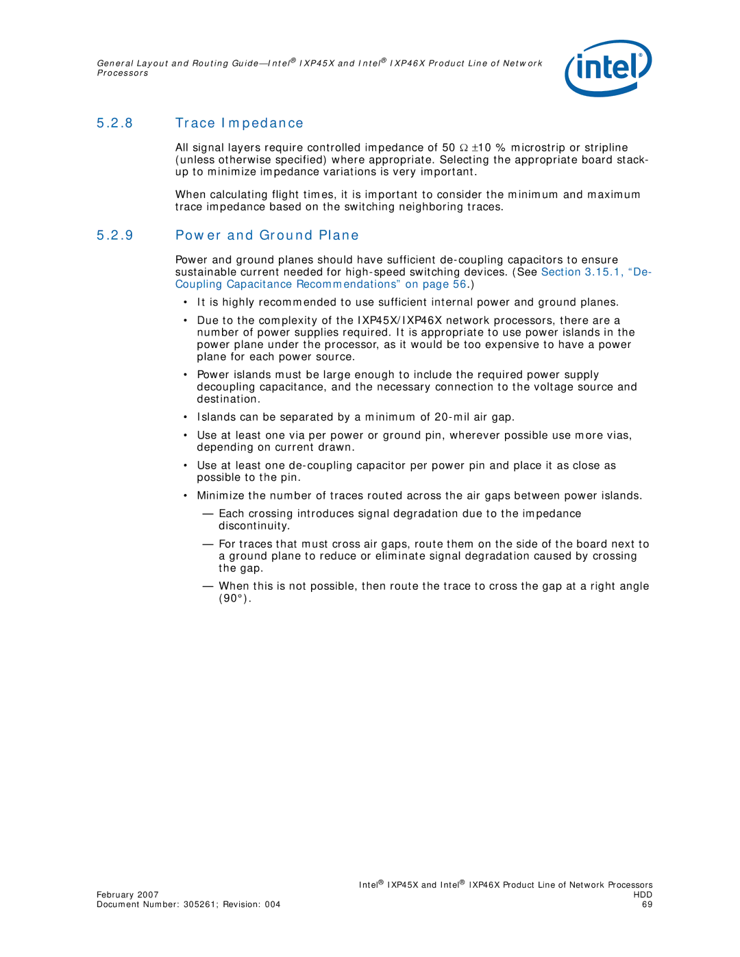 Intel IXP45X, IXP46X manual Trace Impedance, Power and Ground Plane 