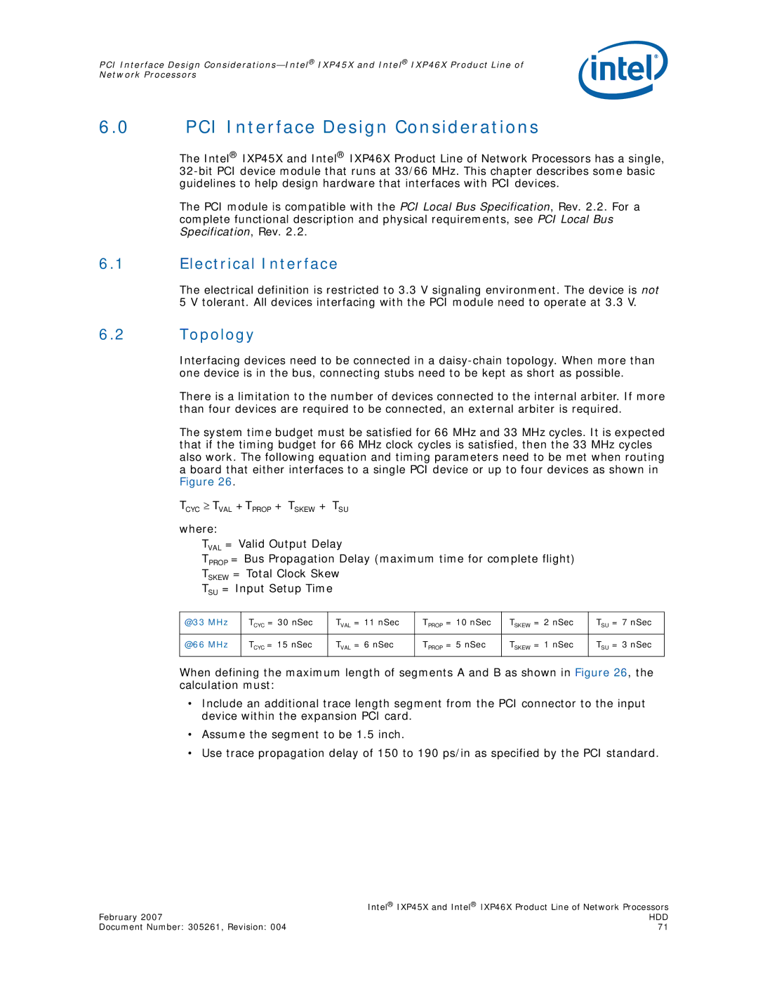 Intel IXP45X, IXP46X manual Electrical Interface, Topology, @33 MHz, @66 MHz 