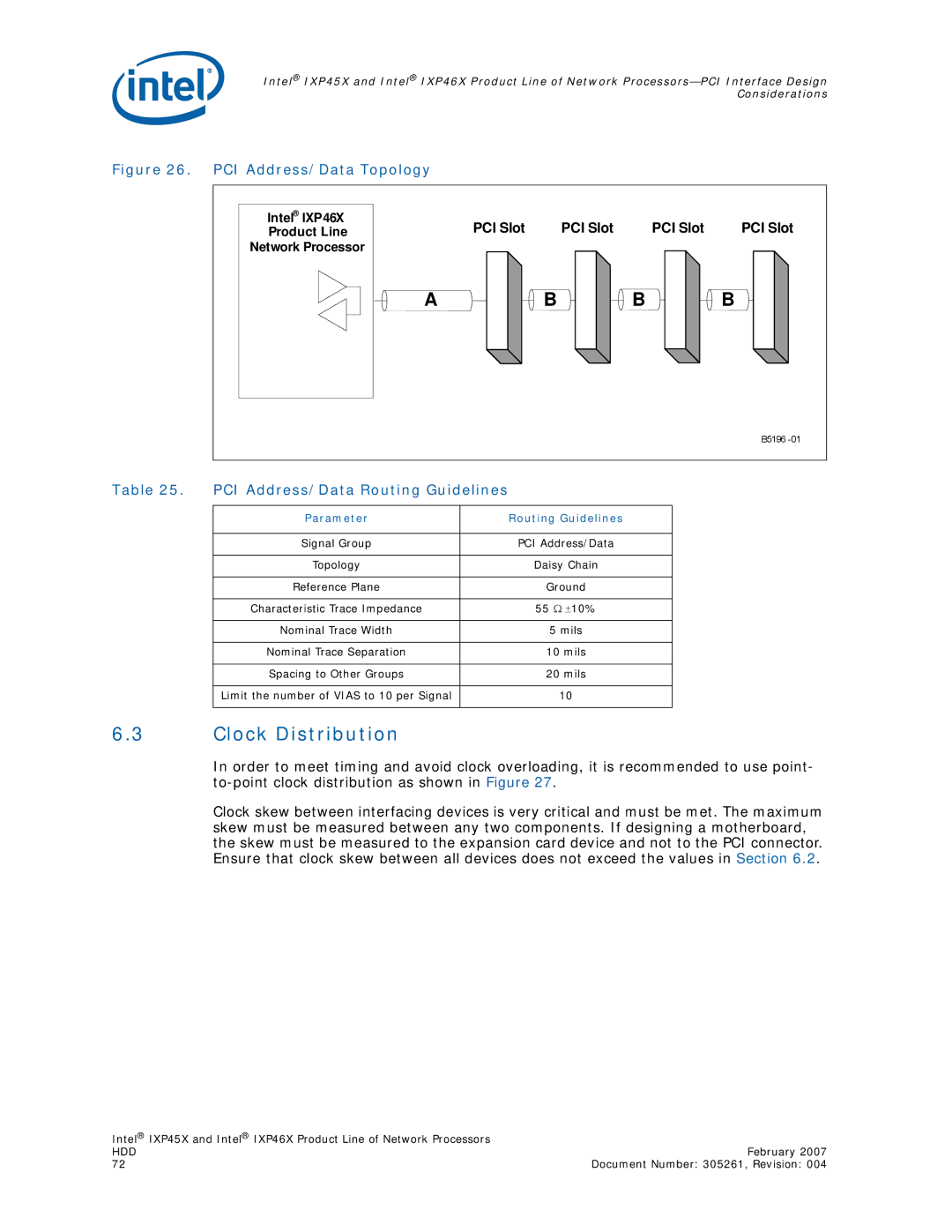 Intel IXP46X, IXP45X manual Clock Distribution, PCI Address/Data Routing Guidelines, Parameter Routing Guidelines 