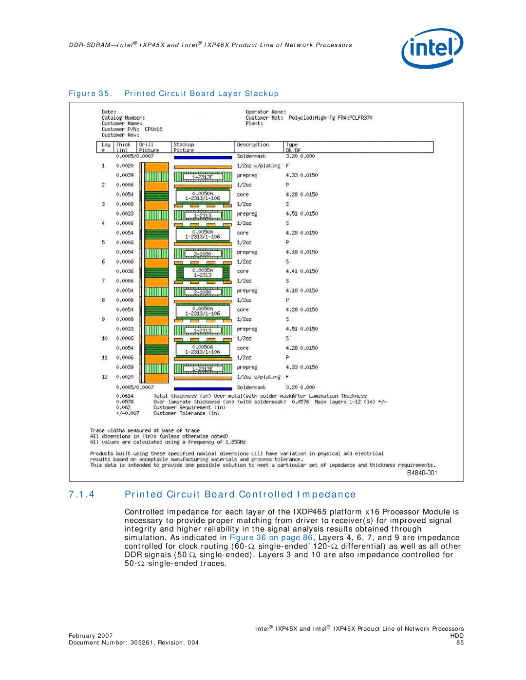 Intel IXP45X, IXP46X manual Printed Circuit Board Controlled Impedance, Printed Circuit Board Layer Stackup 