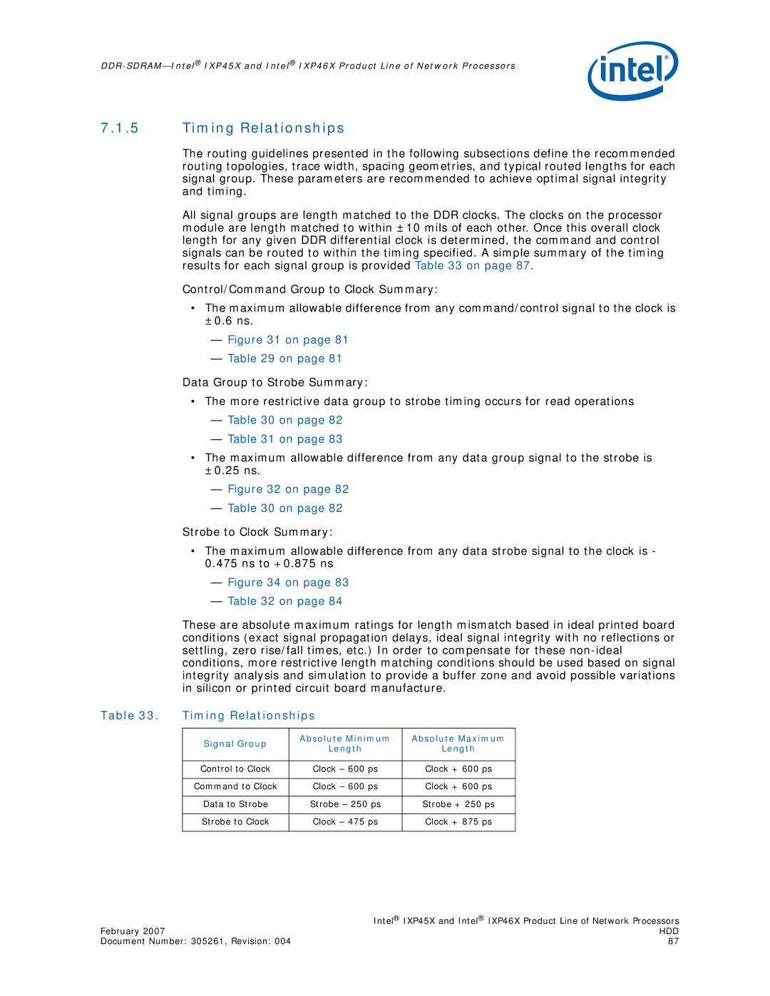 Intel IXP45X, IXP46X manual Timing Relationships, Signal Group Absolute Minimum Absolute Maximum Length 