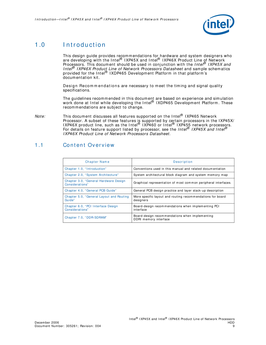 Intel IXP45X, IXP46X manual Content Overview, Chapter Name Description 