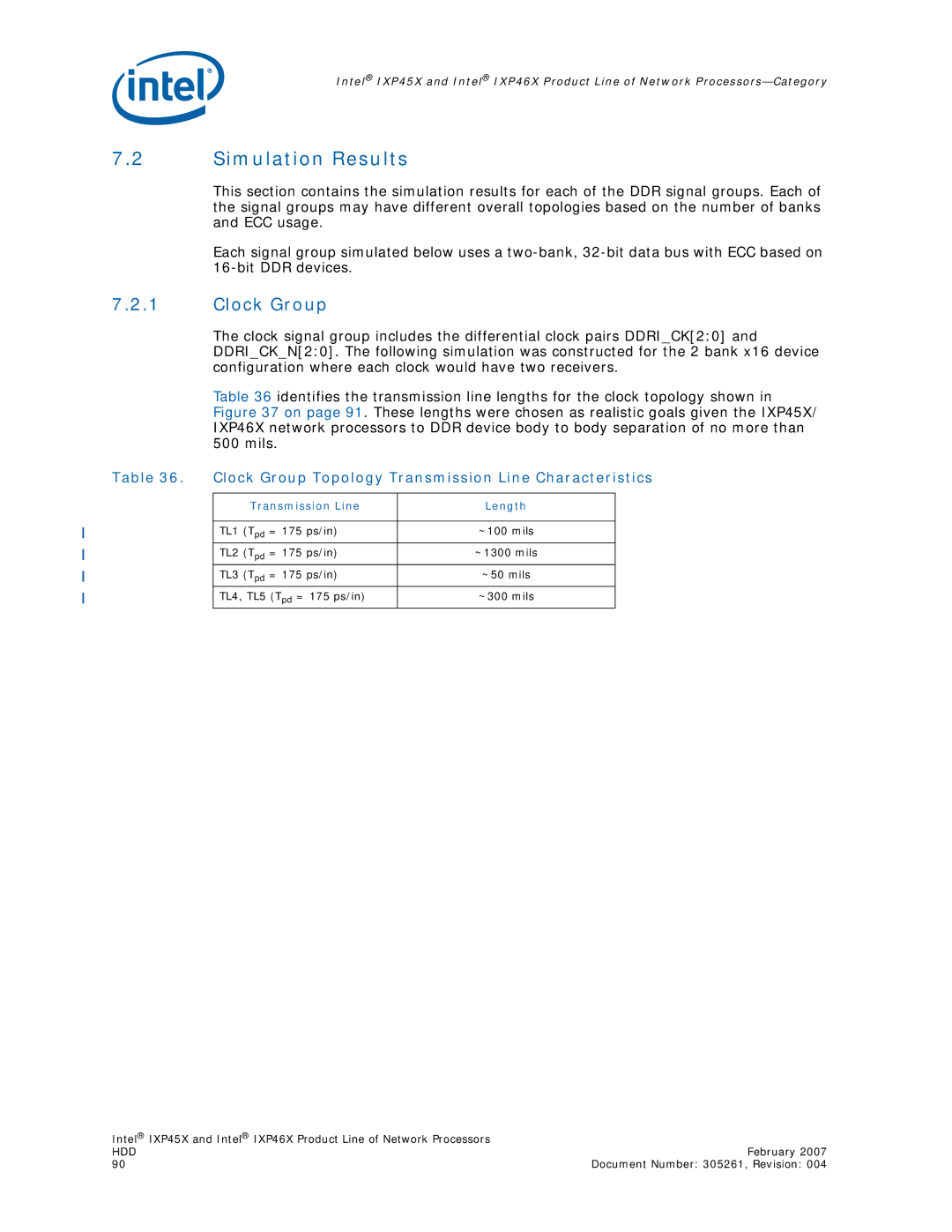 Intel IXP46X Simulation Results, Clock Group Topology Transmission Line Characteristics, Transmission Line Length 