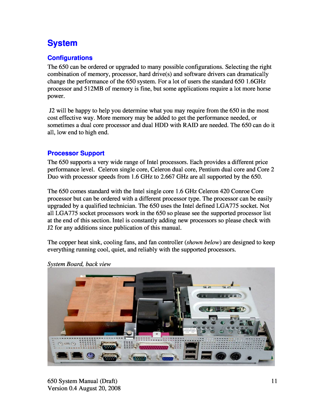 Intel J2 650 system manual Configurations, Processor Support, System Board, back view 