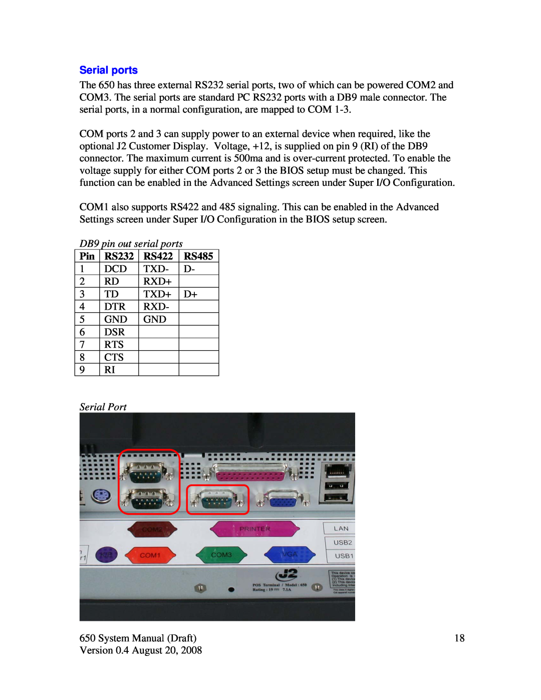 Intel J2 650 system manual Serial ports, DB9 pin out serial ports, Serial Port, RS232, RS422, RS485 