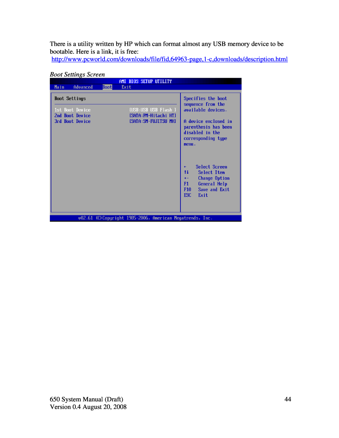 Intel J2 650 system manual Boot Settings Screen, System Manual Draft, Version 0.4 August 20 