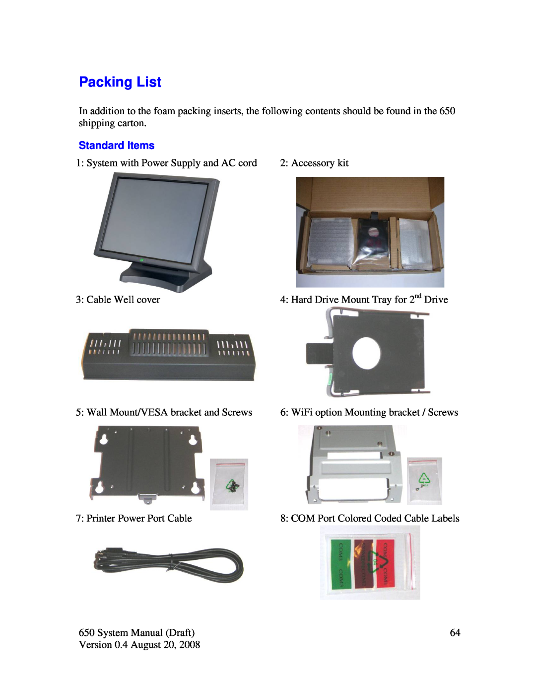 Intel J2 650 system manual Packing List, Standard Items 