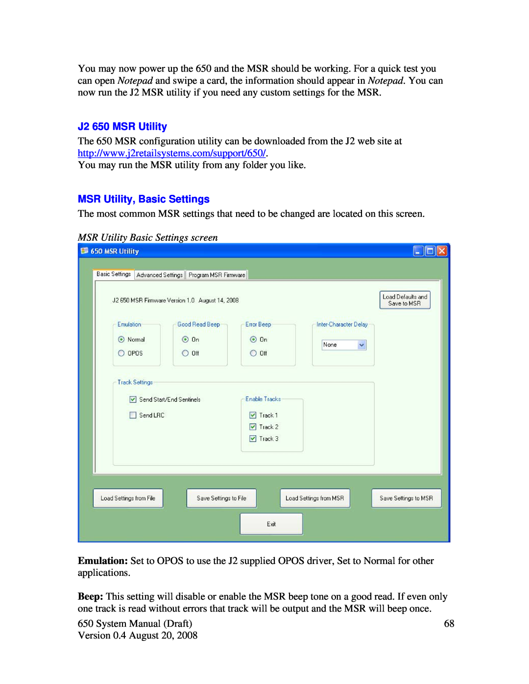 Intel system manual J2 650 MSR Utility, MSR Utility, Basic Settings, MSR Utility Basic Settings screen 