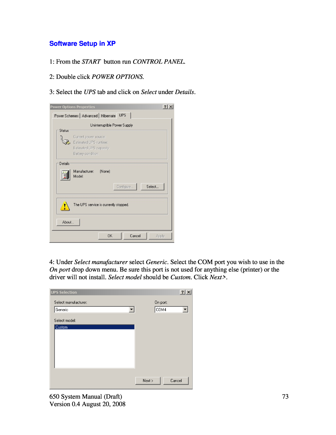 Intel J2 650 system manual Software Setup in XP, Double click POWER OPTIONS 