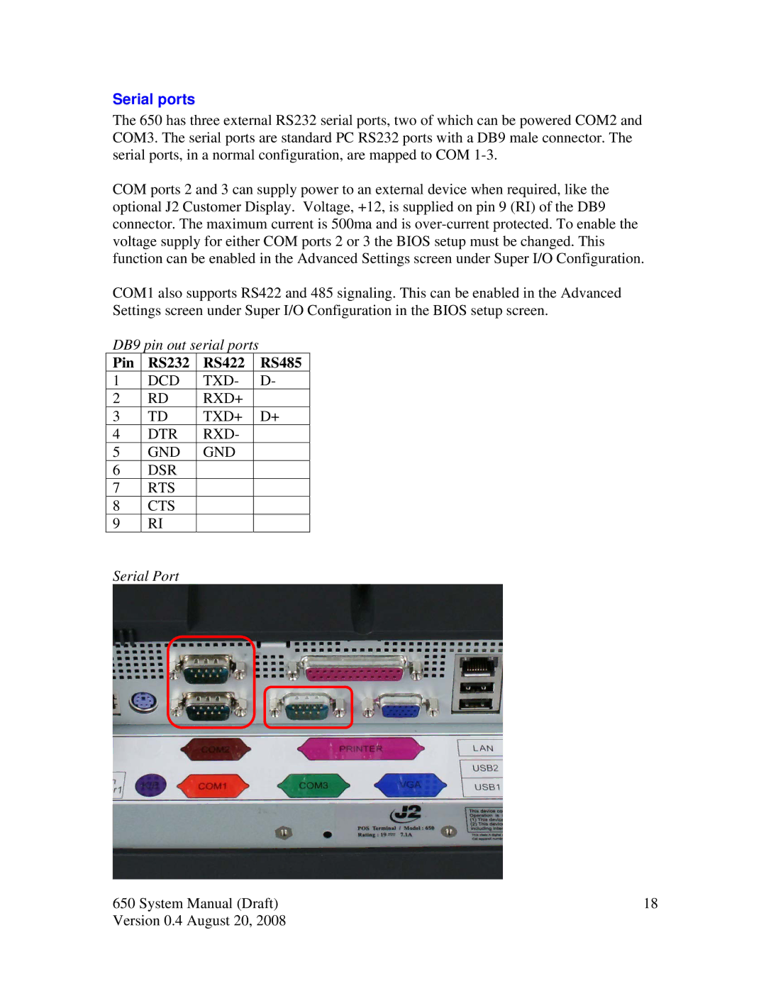 Intel J2 650 system manual Serial ports, DB9 pin out serial ports, Serial Port 