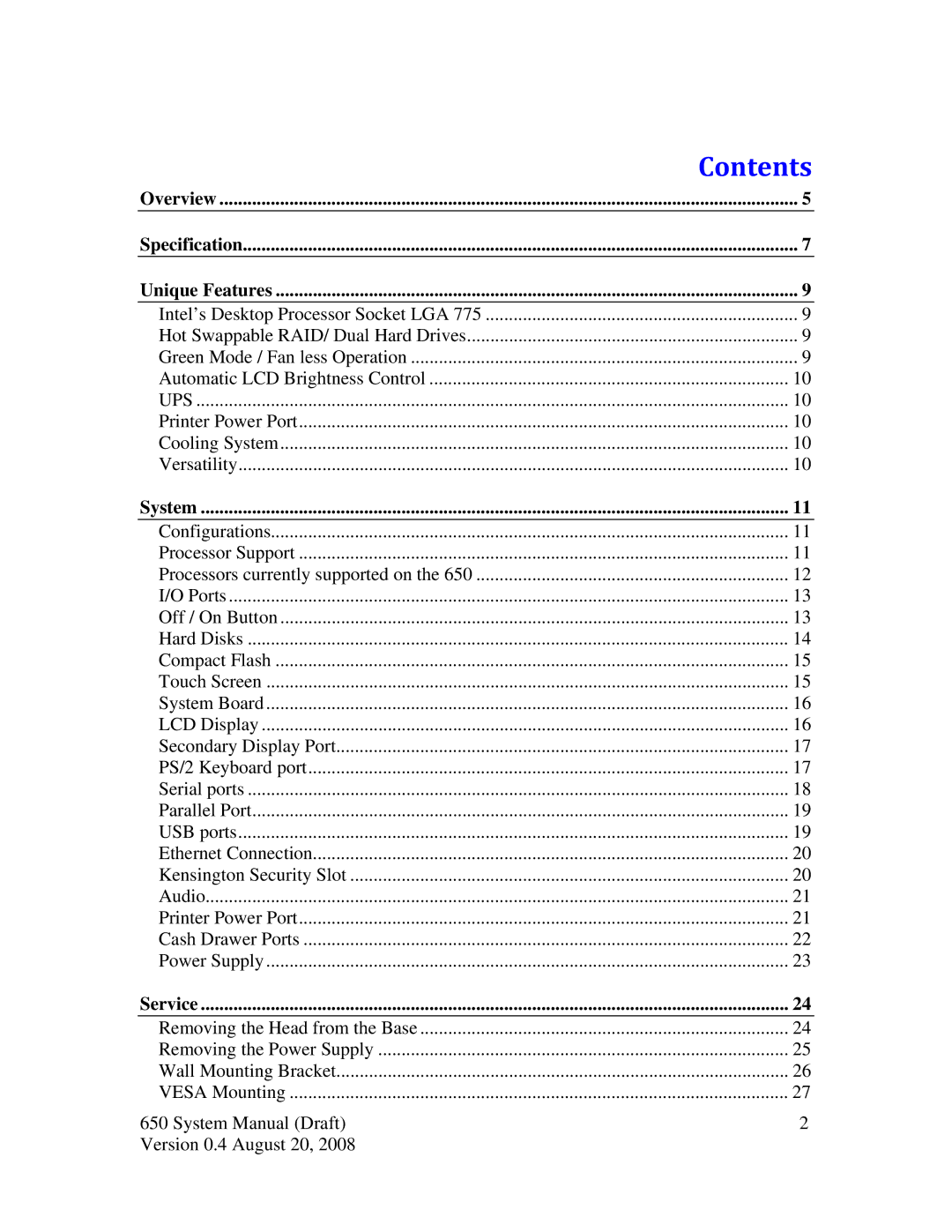 Intel J2 650 system manual Contents 