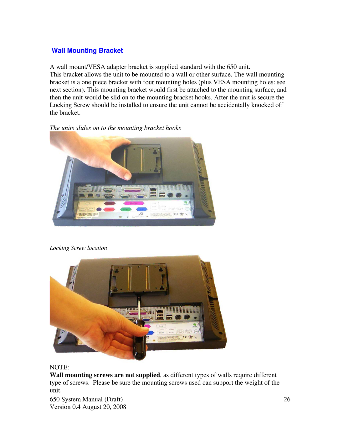 Intel J2 650 system manual Wall Mounting Bracket, Units slides on to the mounting bracket hooks 