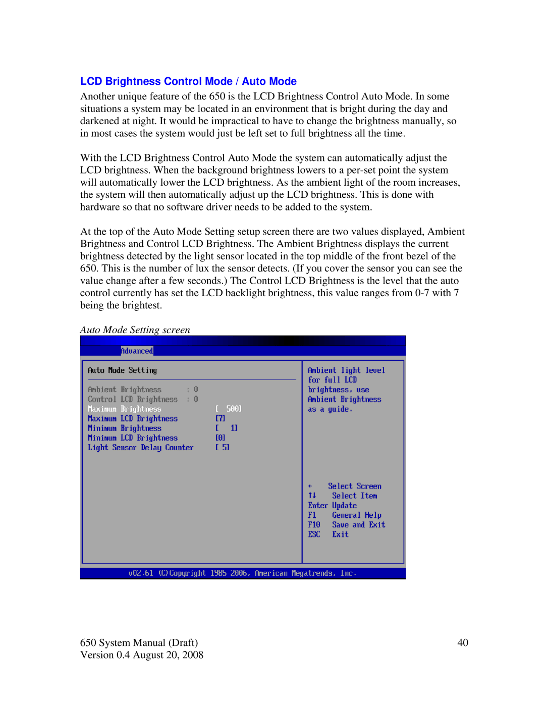 Intel J2 650 system manual LCD Brightness Control Mode / Auto Mode, Auto Mode Setting screen 